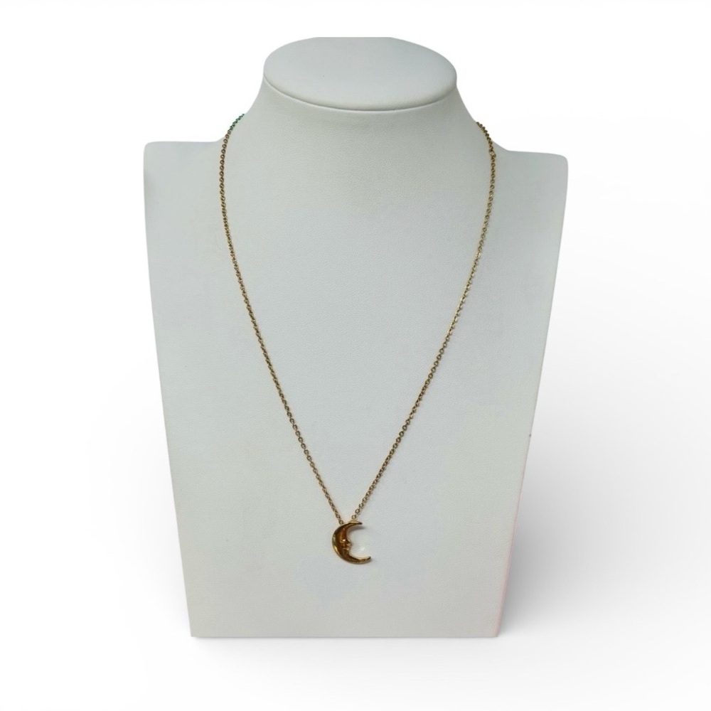Celestial Sleepy Crescent Moon Gold Tone Pendant Necklace - Picture 2 of 2